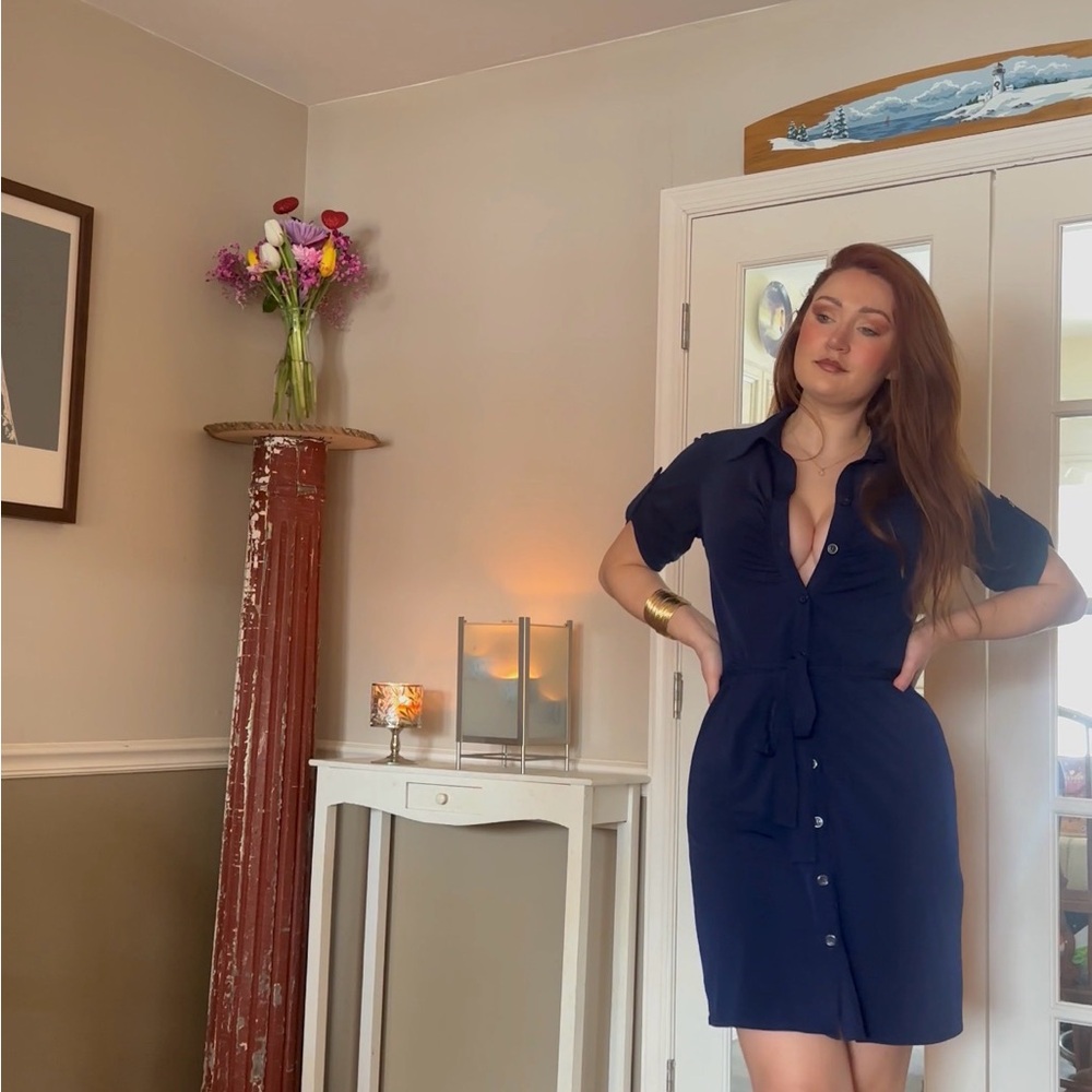 Navy Button-Front Shirt Dress with Tie Waist